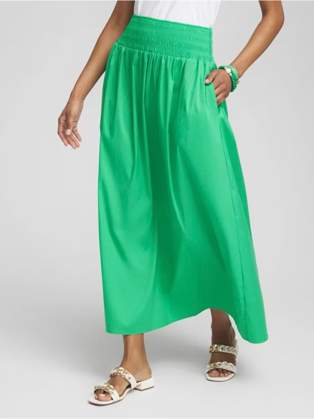 CHICO’S NWT 2 Poplin Smocked Waist Pocket Skirt in Grassy Green • Spring Summer